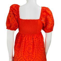 Feel flirty and feminine in our Hyacinth House Orange Eyelet Clara Mini Dress! With delicate eyelet fabric and a square neckline, this dress adds a touch of sweetness to your look. The empire silhouette and puff sleeves provide a flattering fit, while the elastic at the shoulders and smocking at the back add comfort to this stylish piece. Don't forget the convenient side zipper and lining for added ease. Hand wash cold and hang to dry for best care. Square neckline Puff sleeves Side zip fastenin Lace Dress With Smocked Bodice And Square Neck, Square Neck Mini Dress With Lace Trim, Summer Square Neck Dress With Broderie Anglaise, Spring Eyelet Puff Sleeve Dresses, Spring Eyelet Dress With Puff Sleeves, Fitted Eyelet Dress With Puff Sleeves, Casual Lace Dress With Square Neck, Casual Lace Dresses With Square Neck, Summer Party Dress With Eyelet Details