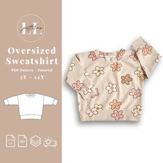 the sewing pattern for an oversize sweater is shown in white and has flowers on it