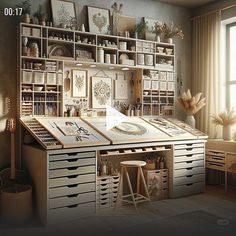 an artist's studio with lots of drawers and art work on the desks