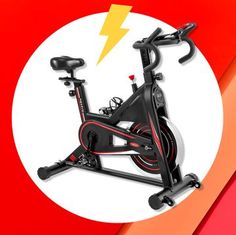 an exercise bike with a lightning bolt on the front wheel and seat is shown against a red background