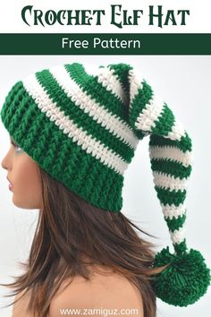 a woman wearing a green and white crochet hat