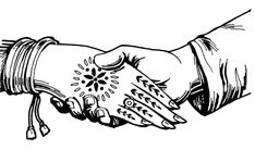 black and white drawing of two hands holding each other's hand with bracelets