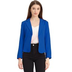 Create a modern sleek look even at the office with this stunning cropped blazer jacket. This smart collarless blazer features an angled hem which is shorter in the back for a fashionably cool look. An open-front design for showing your amazing top inside. The jacket offers a versatile piece for effortless layering looks. Pair it with jeans and sneakers for a casual look. Filled with contemporary takes on classic summer prints, great for office and causal wear, both professional and fashionable. Crop Suit, Collarless Blazer, Cropped Blazer Jacket, Front Office, Crop Blazer, Cropped Blazer, Summer Prints, Casual Blazer, Sleek Look