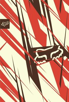 a red and white poster with the words fox on it's back side, in front of an abstract background