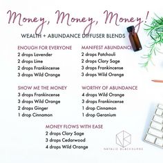 Attracting Money, Money Money Money, Doterra Diffuser Blends, Doterra Essential Oils Recipes, Wealth Abundance