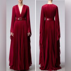 Tried On Only,Like New Condition. Size:Fr:40 (Us:8) Measurements: Bust:41” Waist:29.5” Elie Saab Pleated Georgette Gown Plunging V-Neck Cape Sleeves Ruched Bodice Belted Waist Long Pleated Skirt Sweep Train Evening Dress 80% Polyester,20% Silk Lining:100%Silk Made In Lebanon Dry Clean Color: Sangria Elie Saab Evening Gown, Long Pleated Skirt, Fantasy Clothes, Georgette Gown, Pleated Long Skirt, Cape Sleeves, Red Dresses, Ruched Bodice, Art Dress