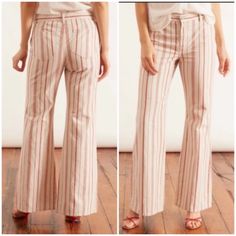 Women's Cotton And Linen-Blend Wide-Leg Pants 70’s Cut Style From A Blend Of Cotton And Linen; Nili Lotan' Neutral With Red Stripes Flare Pants. In Excellent Condition. Fabric: 79% Cotton, 21% Linen Sz 2 Approx Measurements Waist 15.5 Inches Rise 10 Inches Inseam 33 Inches Leg Opening 11.5 Inches Striped Flare Pants, Nili Lotan, Pants Color, Flare Pants, Cut And Style, Jumpsuits For Women, Linen Blend, Leg Pants, Wide Leg Pants