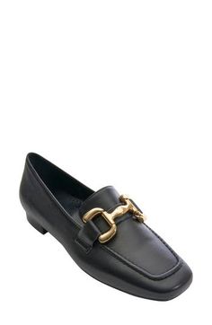 Glossy bit hardware and a squared apron toe elevate this chic leather loafer furnished with a cushy, arch-supporting insole. Removable, cushioned insole with arch support Leather upper and lining/rubber sole Imported Elegant Synthetic Loafers For Fall, Elegant Fall Synthetic Loafers, Chic Loafers With Buckle Closure For Work, Elegant Synthetic Loafers For Business Casual, Chic Office Loafers With Buckle Closure, Office Loafers With Buckle Closure And Square Toe, Elegant Synthetic Loafers With Removable Insole, Chic Synthetic Loafers For Business, Chic Square Toe Loafers With Branded Insole