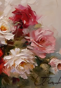 an oil painting of pink and white flowers