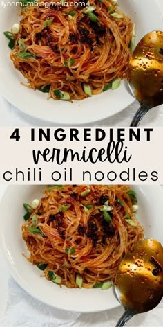 4 Ingredient Easy Vermicelli Chili Oil Noodles | Lynn Mumbing Mejia Chilli Noodles Recipe, Easy Rice Noodle Recipes, Dinner Idea For Two, 4 Ingredient Dinner, Rice Noodles Recipes, Garlic Chili Oil Noodles, Chilli Noodles, Dinner Idea Easy, Chili Garlic Noodles