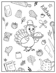 thanksgiving coloring pages for kids with turkeys and other things to color on the page