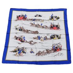 Extremely Rare Authentic Hermès Scarf Pattern: "Par temps de Neige", "Neige" ou "Diligences dans la Neige" Designed by Hugo Grygkar in 1957 Made in France Made of 100% Silk Super rare, hard to find ! Colorways: Blue, White, Black, Red, Yellow, Brown "HERMES PARIS" in the lower right corner (No copyright before 1967) Measurements: around 90 x 87 cm (35,43 x 34,25 inches) Condition: Very good considering its age. NO HOLE. A stain at lower right corner, microscopic black dots, some micro spots, flattened hems in some places. We do not see pulled thread. Will come in its vintage Hermès Box (shows signs of wear) This scarf is garanteed authentic and will be shipped immediately Thank you for watching my items ! Vintage Silk Scarf, Hermes Box, Vintage Hermes, Hermes Scarf, Hermes Paris, Black Dots, Scarf Pattern, Eu Flag, Vintage Silk