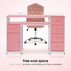 an office desk with pink drawers and a chair on it, labeled free work space open design provides comfortable and free workstation