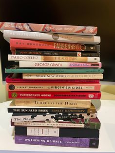 a stack of books sitting on top of a table