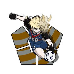 an anime character is kicking a soccer ball