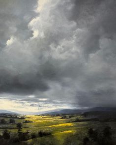 an oil painting of storm clouds over a green field with yellow flowers in the foreground