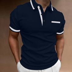 Season:Summer; Fabric:Cotton,Cotton Blend,65%Polyester 35%Cotton; Sleeve Length:Short Sleeve; Look After Me:Washable,Wet and Dry Cleaning; Gender:Men's; Style:Basic,Fashion,Comfortable; Elasticity:Micro-elastic; Tops Type:Golf Shirt,Polo Shirts; Occasion:Holiday,Casual,Sports; Fit Type:Regular Fit; Pattern:Color Block; Design:Patchwork,Front Pocket; Neckline:Lapel; Listing Date:06/20/2023; Bust:; Length:; Shoulder Width:; Sleeve: Fitted Polo Shirt With Pockets, Navy Polo Collar Shirt For Summer, Fitted Navy Polo Shirt For Summer, Blue Collared Top With Pockets, Blue Top With Pockets And Collared Neckline, Summer Sports Shirt With Collar, Summer Sports Collared Shirt, Short Sleeve Polo Shirt For Summer Golf, Blue Casual Polo Shirt