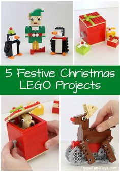 five festive christmas lego projects with text overlay that reads 5 festive christmas lego projects