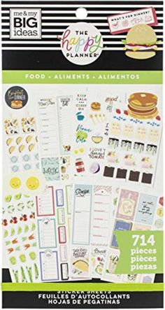 the big ideas happy planner stickers, food and desserts are shown in this package