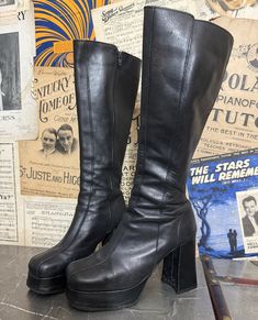 Landing soon. Very good vintage condition. Reservations welcome. Vintage Faux Leather Winter Boots, Vintage Winter Boots In Faux Leather, Vintage Faux Leather Boots For Fall, Fitted Leather Platform Boots For Concerts, Retro Platform Boots For Streetwear, Vintage Leather Platform Boots For Winter, Leather High Heel Boots For Concert, Retro Leather Boots For Streetwear, Vintage Faux Leather Boots With Round Toe