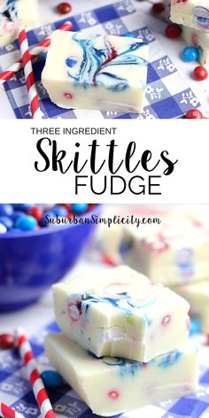 three ingredient skittles fudge made with white chocolate, red, and blue candy canes