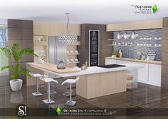 an image of a modern kitchen setting with bar stools and countertop space in the center