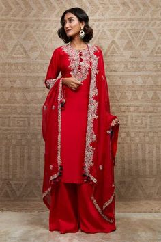 Shop for Prisho Floral Embroidered Straight Kurta Sharara Set for Women Online at Aza Fashions Red Sharara, Kurta And Sharara, Kurta Sharara Set, Red Kurta, Kurta Sharara, Straight Kurta, Sharara Set, Indian Fashion Dresses, Red Silk