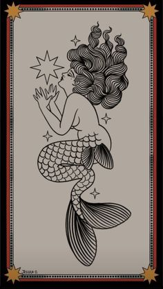 a black and white drawing of a mermaid with stars on it's tail, holding a