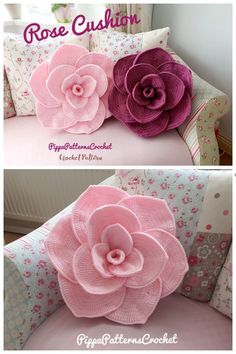 two pictures of pillows with flowers on them