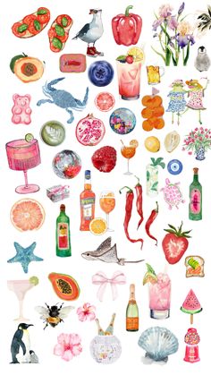 a bunch of different types of food and drinks on a white background with watercolors