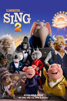 the poster for sing 2 is shown in front of an image of three cartoon characters