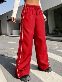 Contrast Piping Drawstring Waist Wide Leg Trousers Red Casual   Woven Fabric Plain Wide Leg Non-Stretch  Women Clothing, size features are:Bust: ,Length: ,Sleeve Length: Diner Costume, Red Wide Leg Sweatpants With Elastic Waistband, Red Casual Wide-leg Pants, Red Sporty Full-length Bottoms, Casual Red Wide Leg Pants, Full Length, Sporty Full-length Red Pants, Y2k Street Style, Red Sweatpants, Sweatpants Outfit