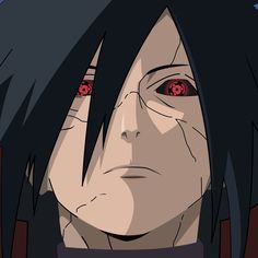 an anime character with red eyes and black hair