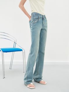 MO&Co. Women's Straight Leg Denim Jeans Features : - Asymmetric waistband- High waist, straight fit - Button and zip closure- Classic five-pocket design Code: MBD1JENT13The back length of size M(27) is 107cmMATERIALS & CARE Material: 99.2% Cotton 0.8% SpandexSeparate mild machine wash below 30°CDo not bleach, hang to dryDo not tumble dry, low ironDo not dry clean, do not expose to the sunWash the reverse side into the mesh bag, do not soakNotice:1. The parts of the leather tag cannot be ironed o Blue Relaxed Fit Jeans With Zip Fly, Fitted Washed Blue Straight Leg Jeans, Spring Straight Fit Denim Blue Pants, Slim Blue Jeans With Pockets, Blue Slim Jeans With Pockets, Slim Fit Medium Wash Bottoms With Pockets, Medium Wash Slim Fit Bottoms With Pockets, Denim Straight Fit Flare Jeans With Pockets, Straight Fit Denim Flare Jeans With Pockets