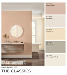 the color scheme for this bathroom is peach, beige and white with neutrals in it