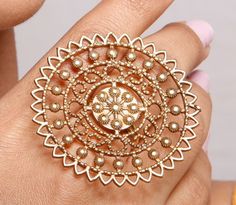 "Big Mandala Gold Round Ring, Large Round Ring, Gold Mandala Jewelry, Gift For Her, Women Ring, Gift Item. PRODUCT:- Ring METAL:-Brass ❥ Add this beautiful one little thing of galactic shine to make you feel unique and to transform your lives. Perfect for any kind of outfit and every occasion. ❥ Customers' satisfaction is our biggest priority, please contact us with any questions/queries for future or existing orders, and we will do our best to make sure you are happy with your order. ❥Please ma Handmade Gold Flower Ring, Gold Round Ring, Mandala Gold, Mandala Jewelry, Gold Mandala, Ethiopian Opal Ring, Lapis Lazuli Ring, Daily Jewelry, Victorian Rings