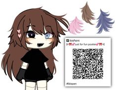 an anime character with long brown hair and blue eyes is next to a qr code