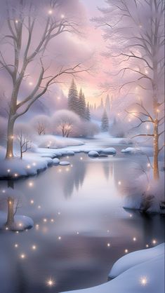 a painting of a winter scene with trees and lights reflecting in the water at night