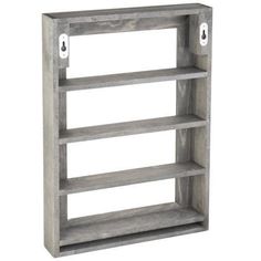 a gray shelf with three shelves on each side and two holes in the middle for storage