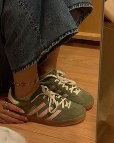 #shoes #adidas Strawberry Matcha Gazelle, Green Gazelles Outfit, Green Gazelle Adidas Outfit, Adidas Samba Green, Green Sambas, Adidas Gazelle Green, Green Gazelle, Adidas Samba Women, Adidas Gazelle Outfit