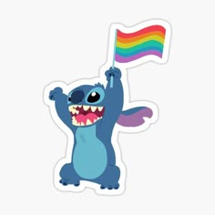 a blue cartoon character holding a rainbow flag sticker on a white background with the word,