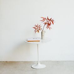 a white table topped with a vase filled with red flowers next to a stack of books