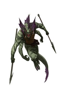 an animated creature with purple hair and fangs on his face, holding two spears in one hand