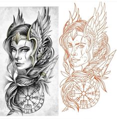 two different colored tattoos, one with an angel and the other with a dragon head