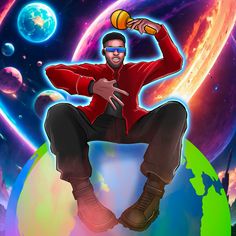 a man sitting on top of a globe in front of a colorful sky and planets