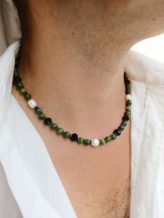 Pearl necklace mens, Crystal green jade y2k choker, Real pearl choker, Hematite necklace, Boyfriend gift ideas, Green gemstone beaded y2k pearl necklace men Pearls have long ceased to be in the arsenal of only women. Men easily complement their look with a classic string of pearls or a single pearl on a chain. It is not only fashionable and stylish, but also beautiful. Give this necklace to your boyfriend, believe me, he will not remain indifferent. I only use natural freshwater pearls so I don' Y2k Choker, Pearl Necklace Men, Crystal Green, Necklace Mens, Hematite Necklace, Necklace Men, String Of Pearls, Necklace Green, Real Pearls