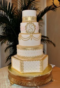 a three tiered wedding cake sitting on top of a table