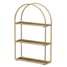 a gold metal shelf with three shelves on each side and two wooden shelves in the middle