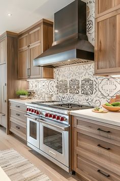 a stove top oven sitting inside of a kitchen next to wooden cupboards and counter tops