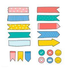 a bunch of different colored ribbons with hearts and arrows around them on a white background